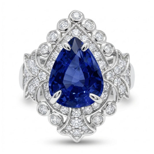 14K 2.39ct Pear Shape Blue Sapphire 0.45cttw VS White Diamonds Ring