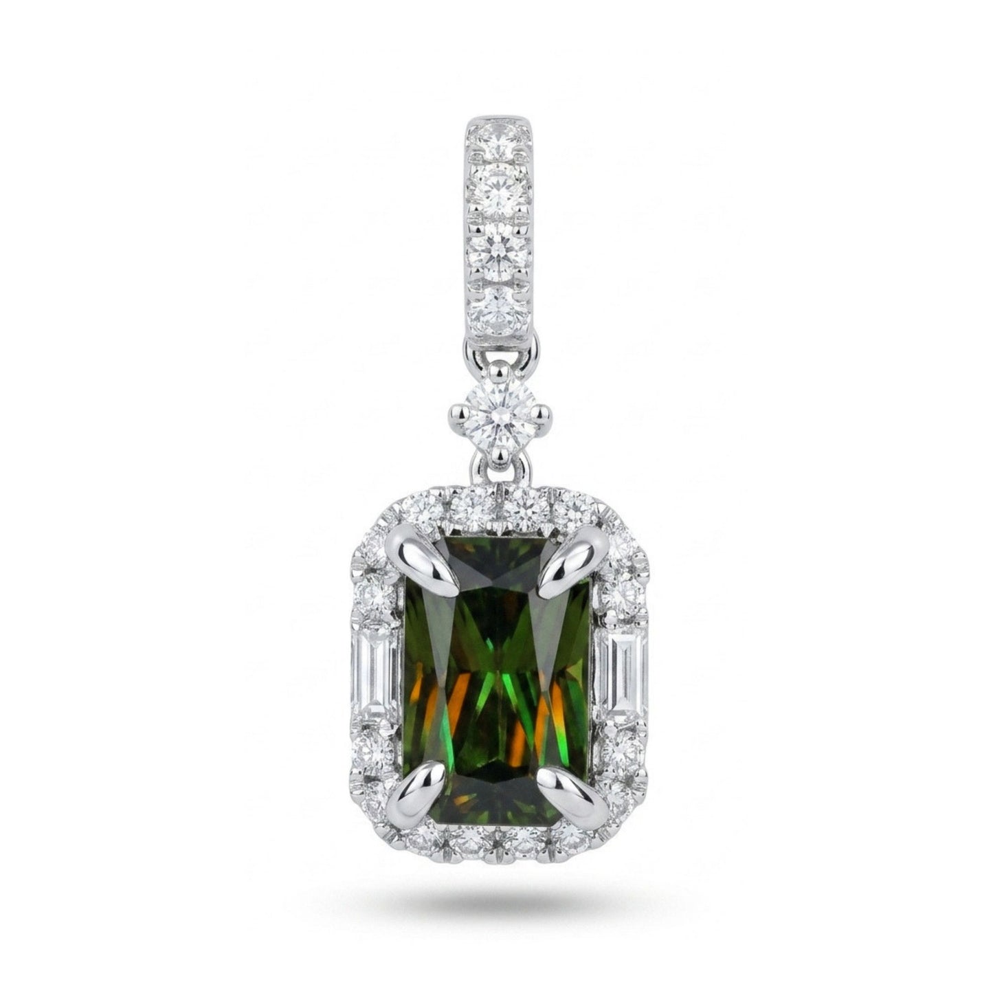 18K 1.26ct Radiant Cut Color Change Sphene 0.24cttw White Diamonds Pendant