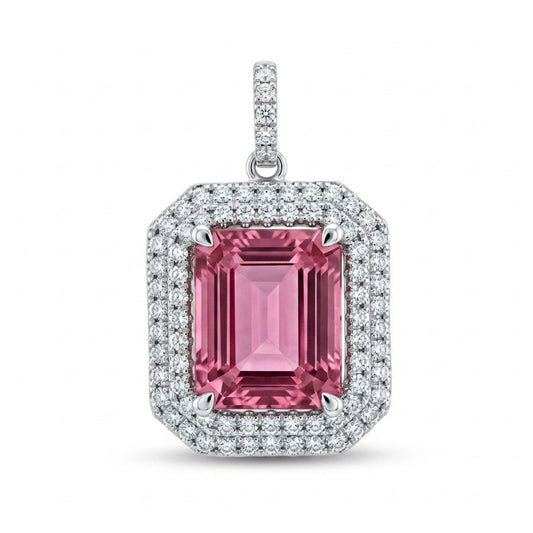 18K 4.35ct Emerald Cut Orange Pink Tourmaline 0.86cttw White Diamonds Pendant