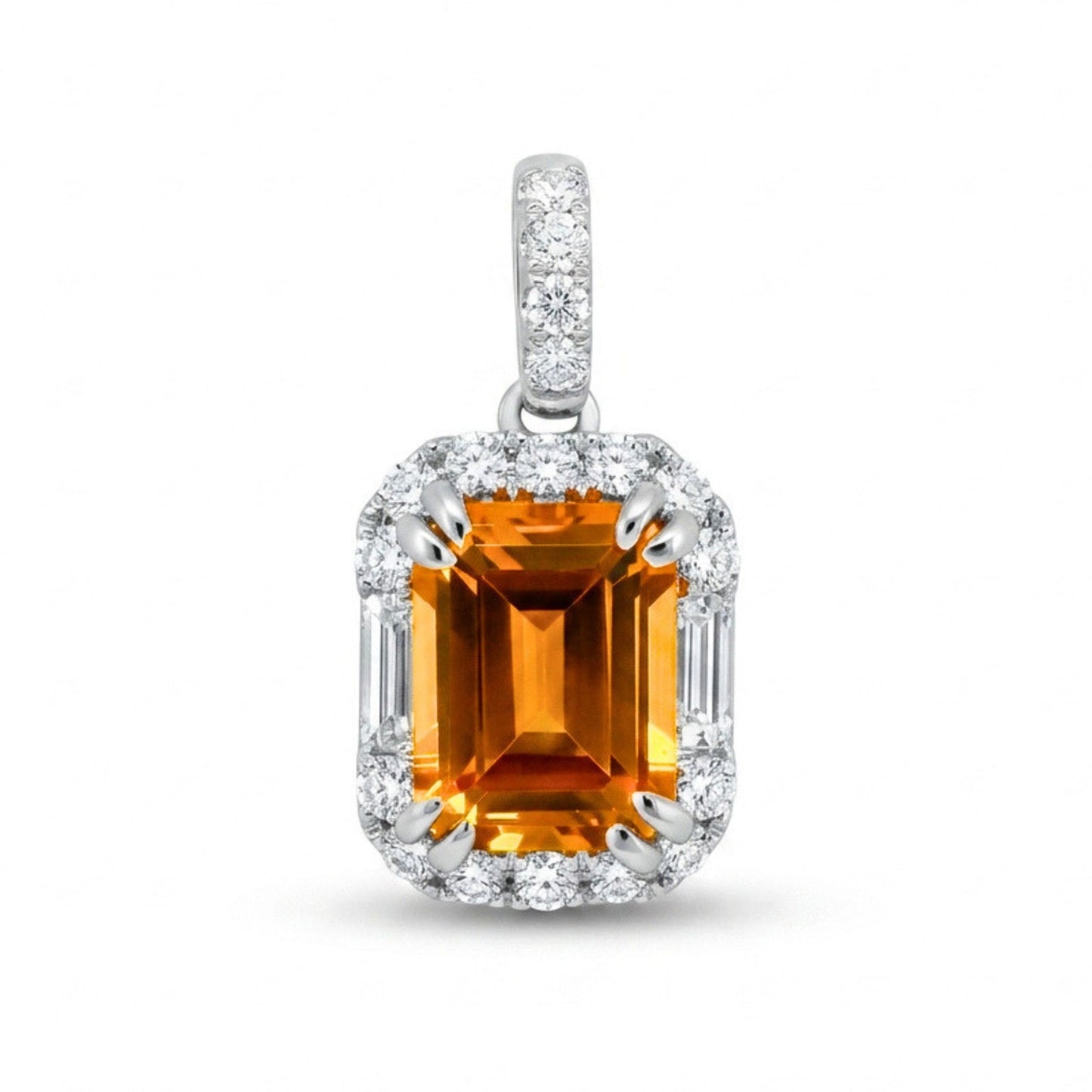 18K 1.54ct Emerald Cut Mandarin Garnet 0.25cttw White Diamonds Pendant