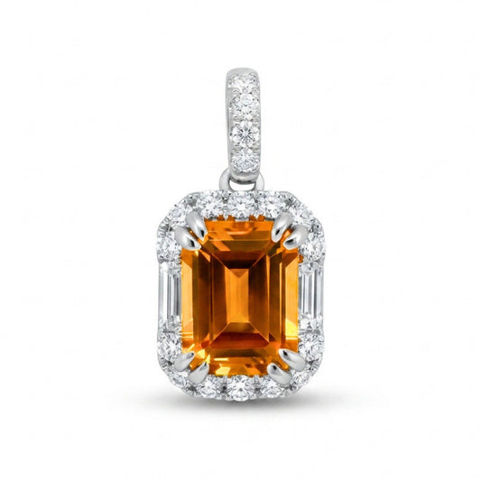 18K 1.54ct Emerald Cut Mandarin Garnet 0.25cttw White Diamonds Pendant