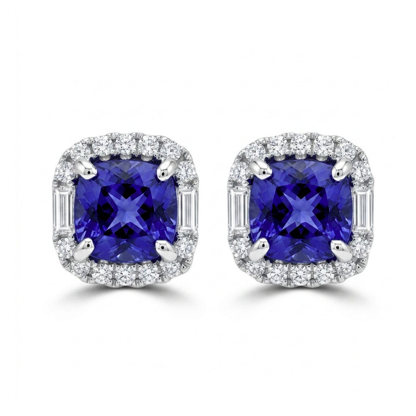 18K 4.65cttw Cushion Blue Wing Tanzanite 0.95cttw White Diamonds Stud Earrings