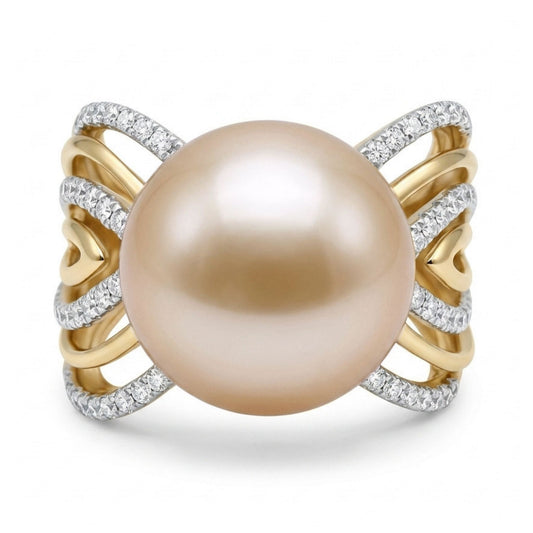 14K 11mm Freshwater Light Orange Pink Pearl 0.43cttw VS White Diamonds Ring