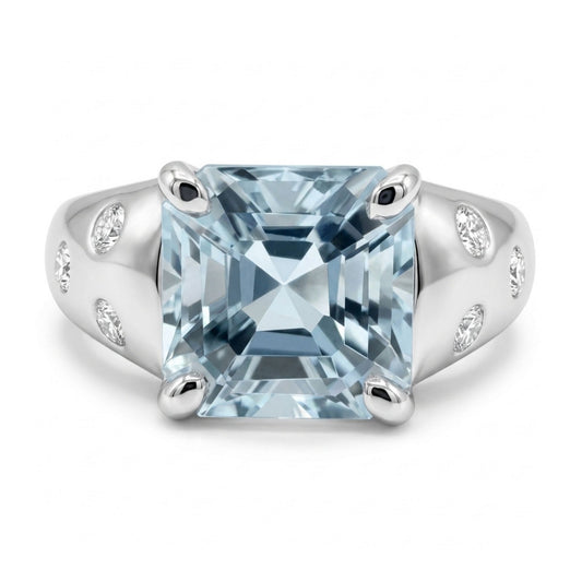 14K 2.25ct Asscher Cut Santa Maria Aquamarine 0.16cttw VS White Diamonds Ring