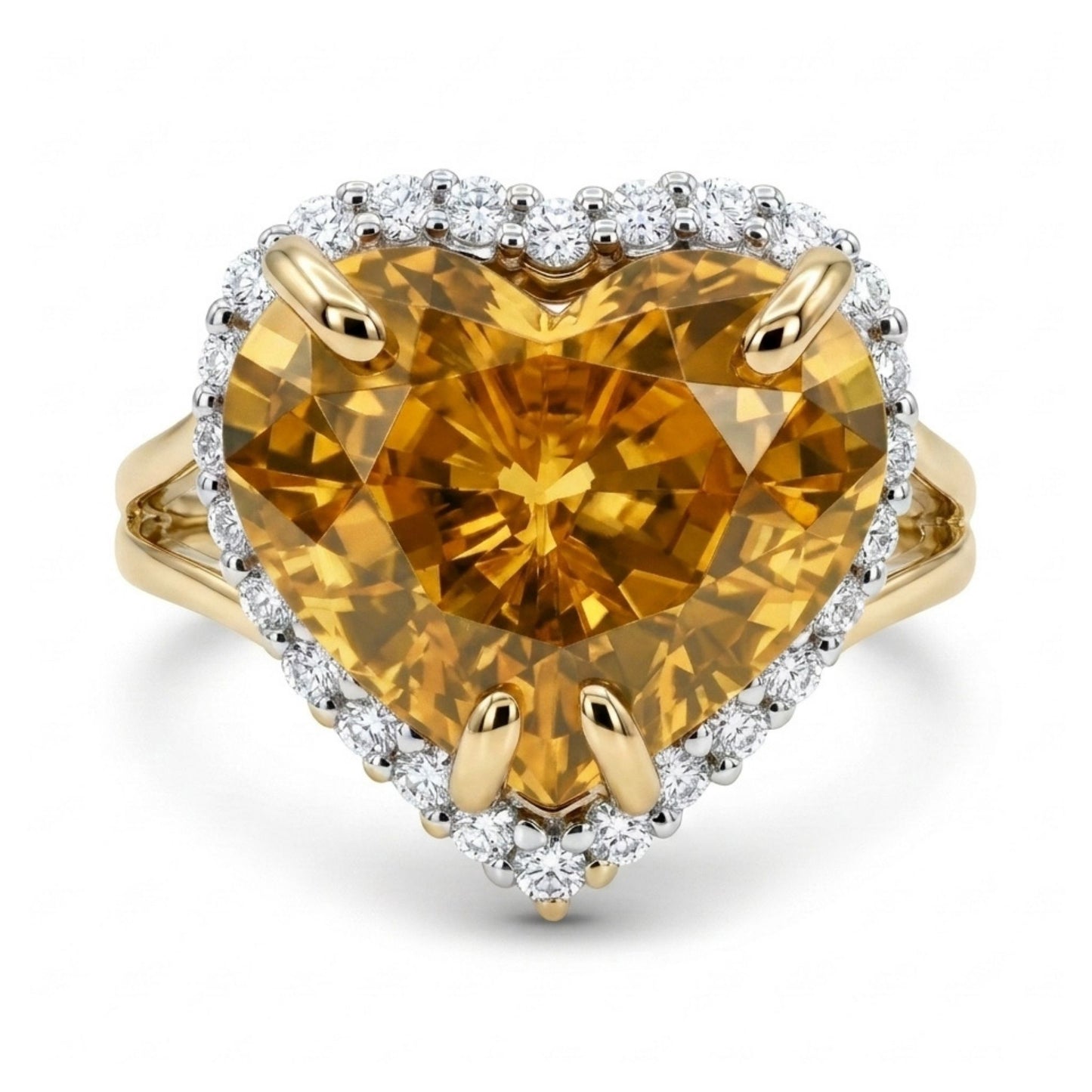 14K 8.64ct Heart Shape Golden Zircon 0.35cttw VS White Diamonds Ring