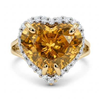 14K 8.64ct Heart Shape Golden Zircon 0.35cttw VS White Diamonds Ring