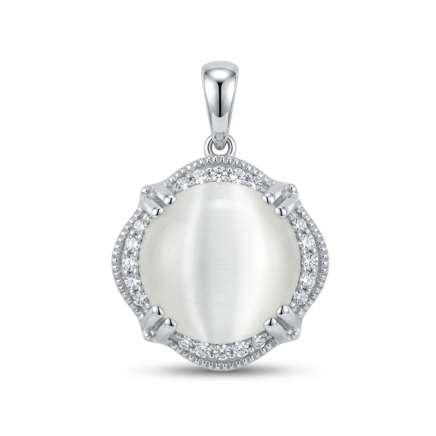 14K 4.90ct Round Cat's Eye Moonstone 0.13cttw VS White Diamonds Pendant