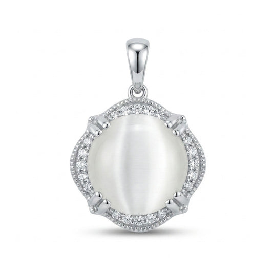 14K 4.90ct Round Cat's Eye Moonstone 0.13cttw VS White Diamonds Pendant