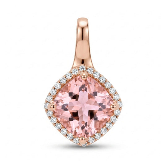 14K 2.06ct Cushion Pink Morganite 0.14cttw VS White Diamonds Pendant