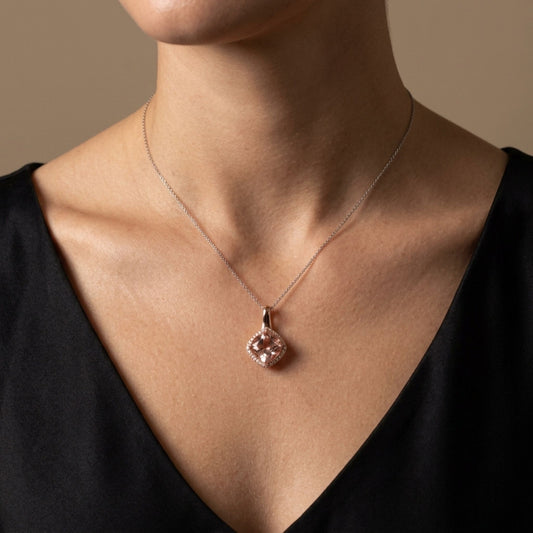 14K 2.06ct Cushion Pink Morganite 0.14cttw VS White Diamonds Pendant