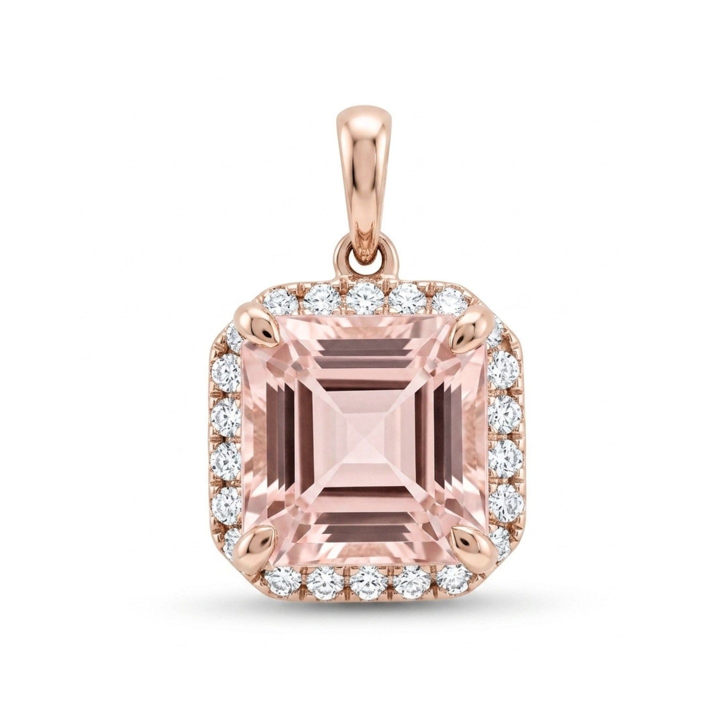 14K 1.43ct Asscher Cut Pink Morganite 0.13cttw White Diamonds Pendant