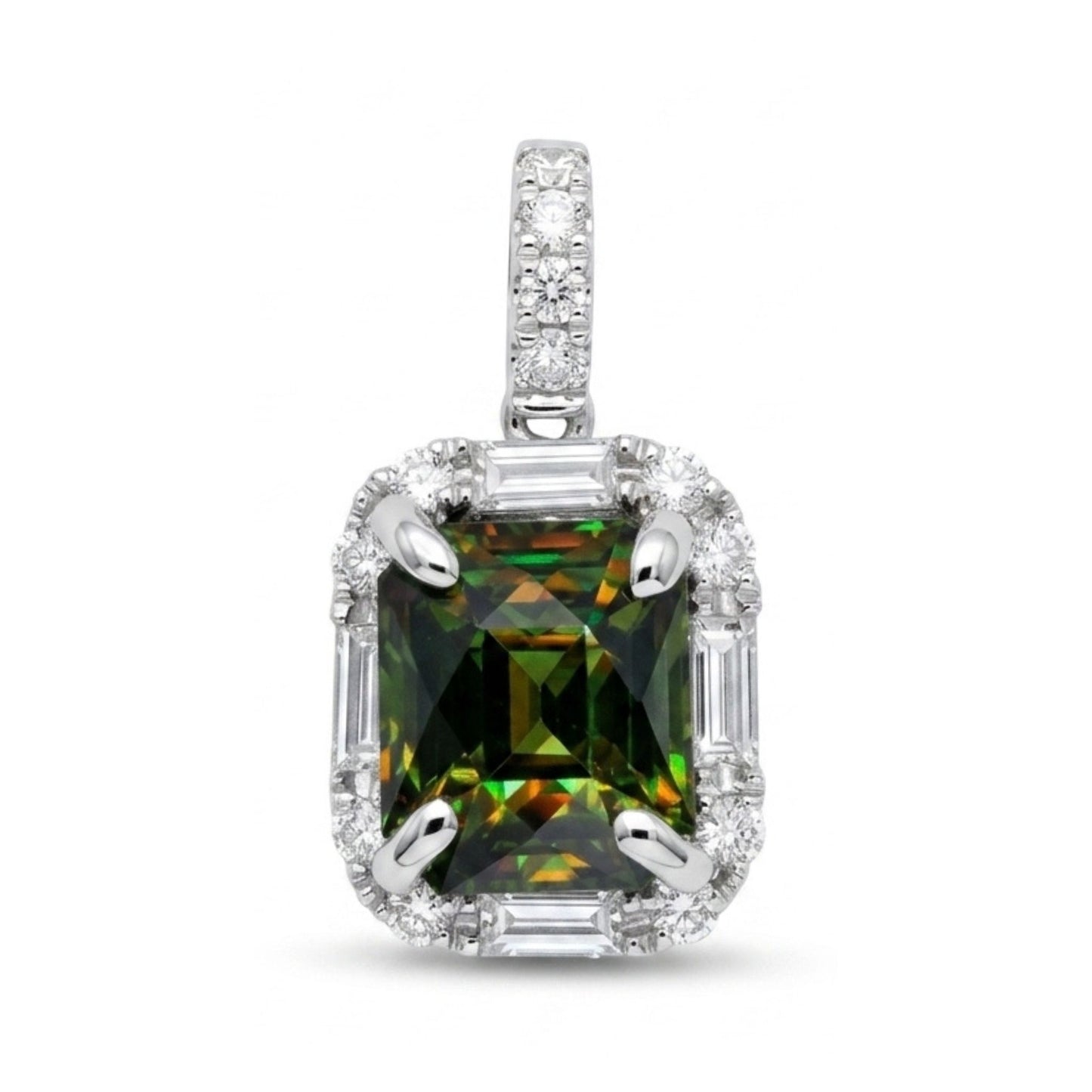 18K 1.94ct Radiant Cut Color Change Sphene 0.41cttw White Diamonds Pendant