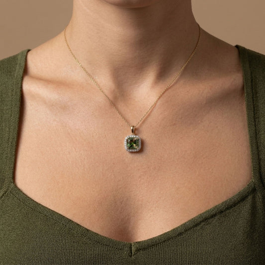 14K 1.80ct Radiant Cut Color Change Sphene 0.13cttw VS White Diamonds Pendant