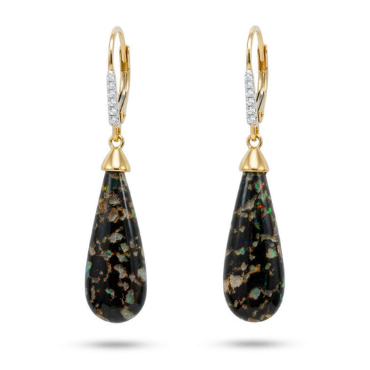 14K 12.20cttw Briolette Leopard Opal 0.07cttw White Diamonds Drop Earrings