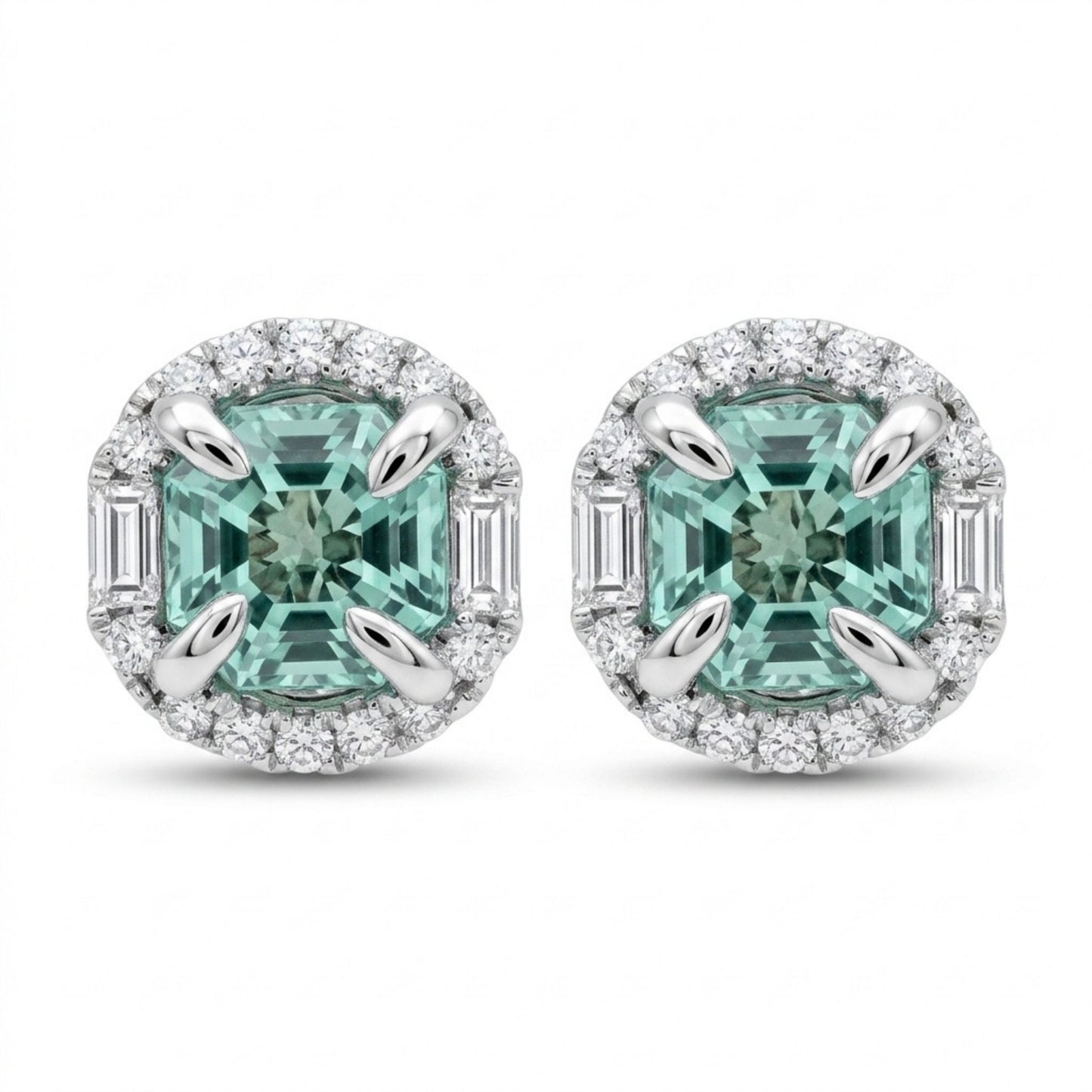18K 2.33cttw Asscher Cut Vanadium Beryl 0.49cttw White Diamonds Stud Earrings