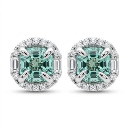 18K 2.33cttw Asscher Cut Vanadium Beryl 0.49cttw White Diamonds Stud Earrings