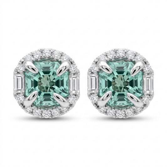18K 2.33cttw Asscher Cut Vanadium Beryl 0.49cttw White Diamonds Stud Earrings
