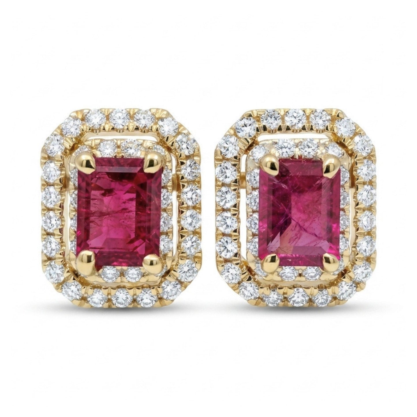 14K 0.62cttw Emerald Cut Red Beryl 0.34cttw White Diamonds Stud Earrings