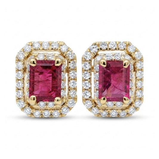 14K 0.62cttw Emerald Cut Red Beryl 0.34cttw White Diamonds Stud Earrings
