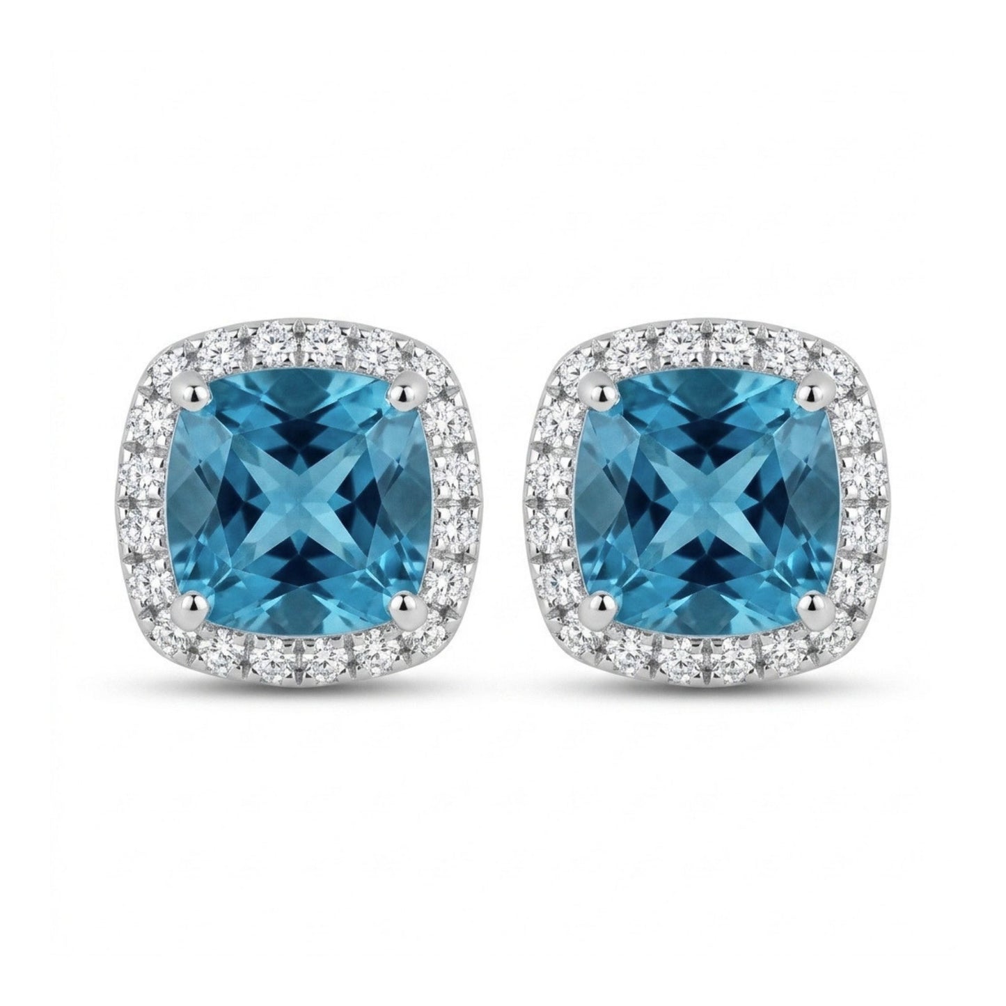 14K 2.22cttw Cushion Blue Zircon 0.20cttw VS White Diamonds Stud Earrings