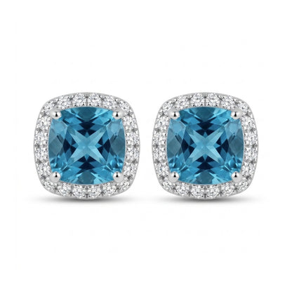 14K 2.22cttw Cushion Blue Zircon 0.20cttw VS White Diamonds Stud Earrings