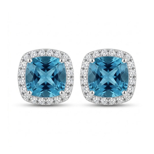 14K 2.22cttw Cushion Blue Zircon 0.20cttw VS White Diamonds Stud Earrings