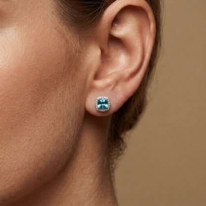 14K 2.22cttw Cushion Blue Zircon 0.20cttw VS White Diamonds Stud Earrings