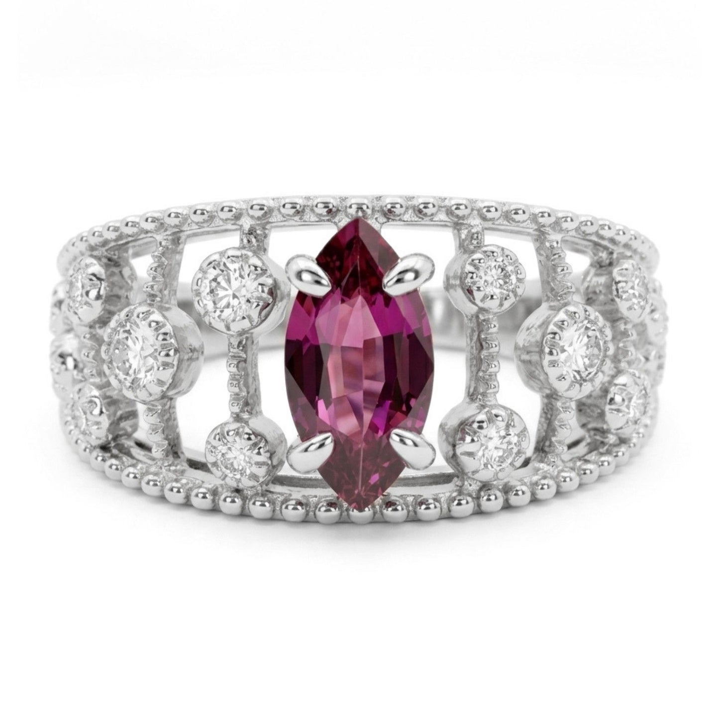 14K 0.62ct Marquise Unheated Raspberry Sapphire 0.21cttw White Diamonds Ring