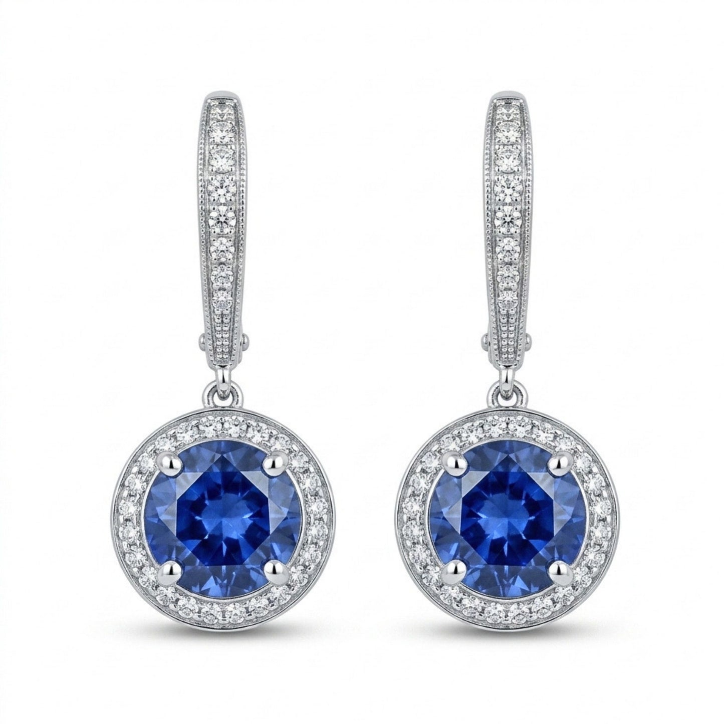 14K 2.03cttw Round Cornflower Blue Sapphire 0.23cttw White Diamonds Drop Earrings
