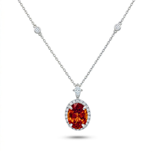 18K 3.74ct Oval Mandarin Garnet 0.34cttw White Diamonds Necklace