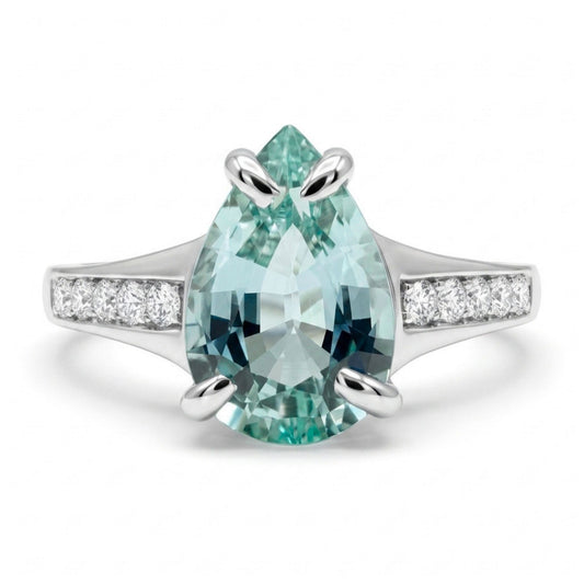14K 1.35ct Pear Shape Vanadium Beryl 0.14cttw VS White Diamonds Ring