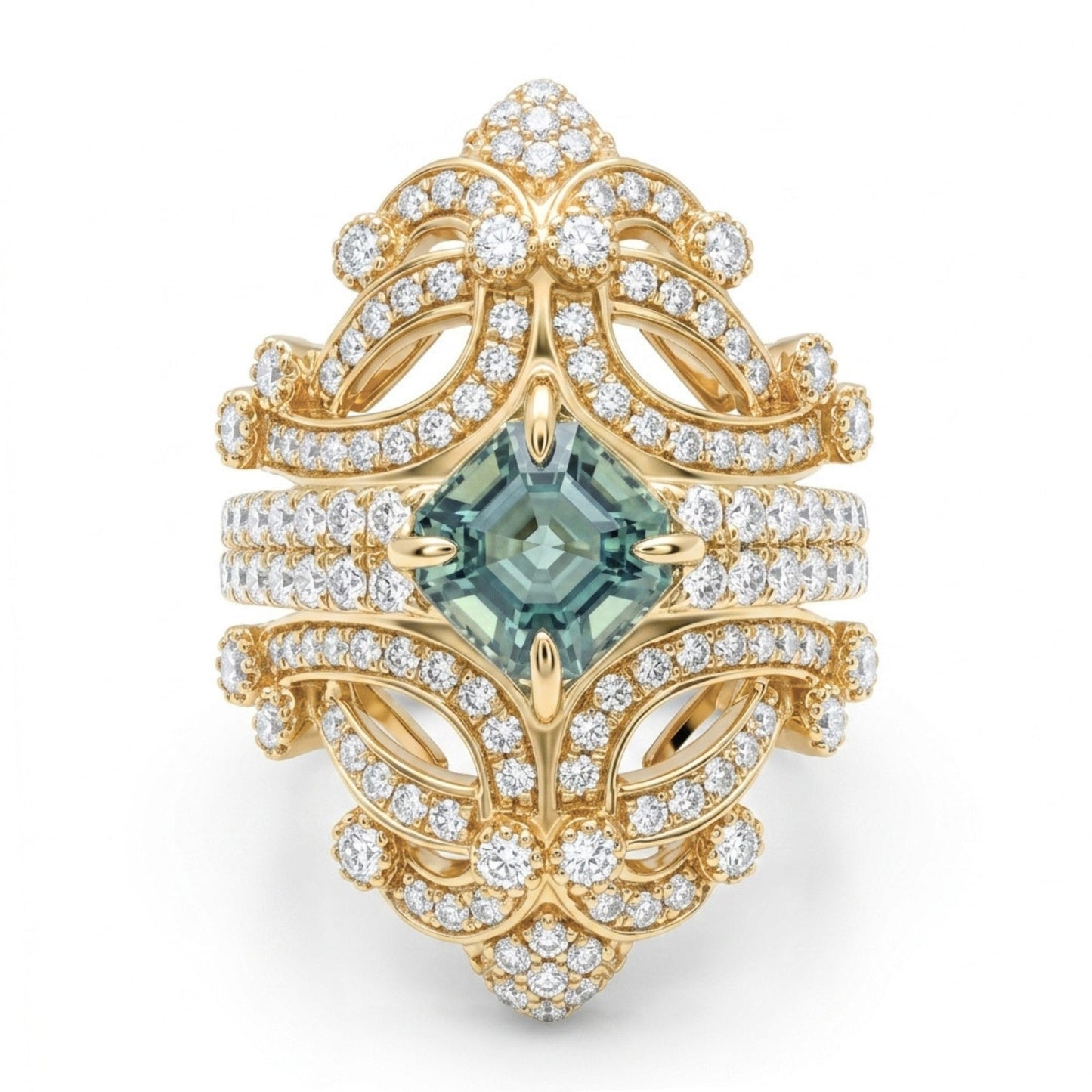 14K 0.89ct Asscher Cut Vanadium Beryl 1.09cttw VS White Diamonds Ring