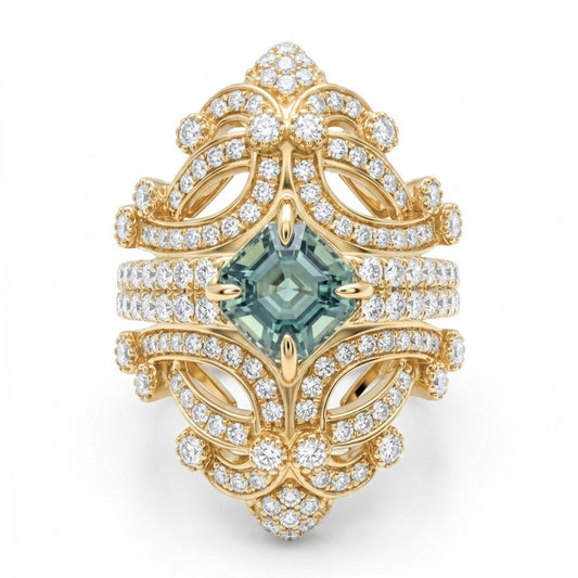 14K 0.89ct Asscher Cut Vanadium Beryl 1.09cttw VS White Diamonds Ring
