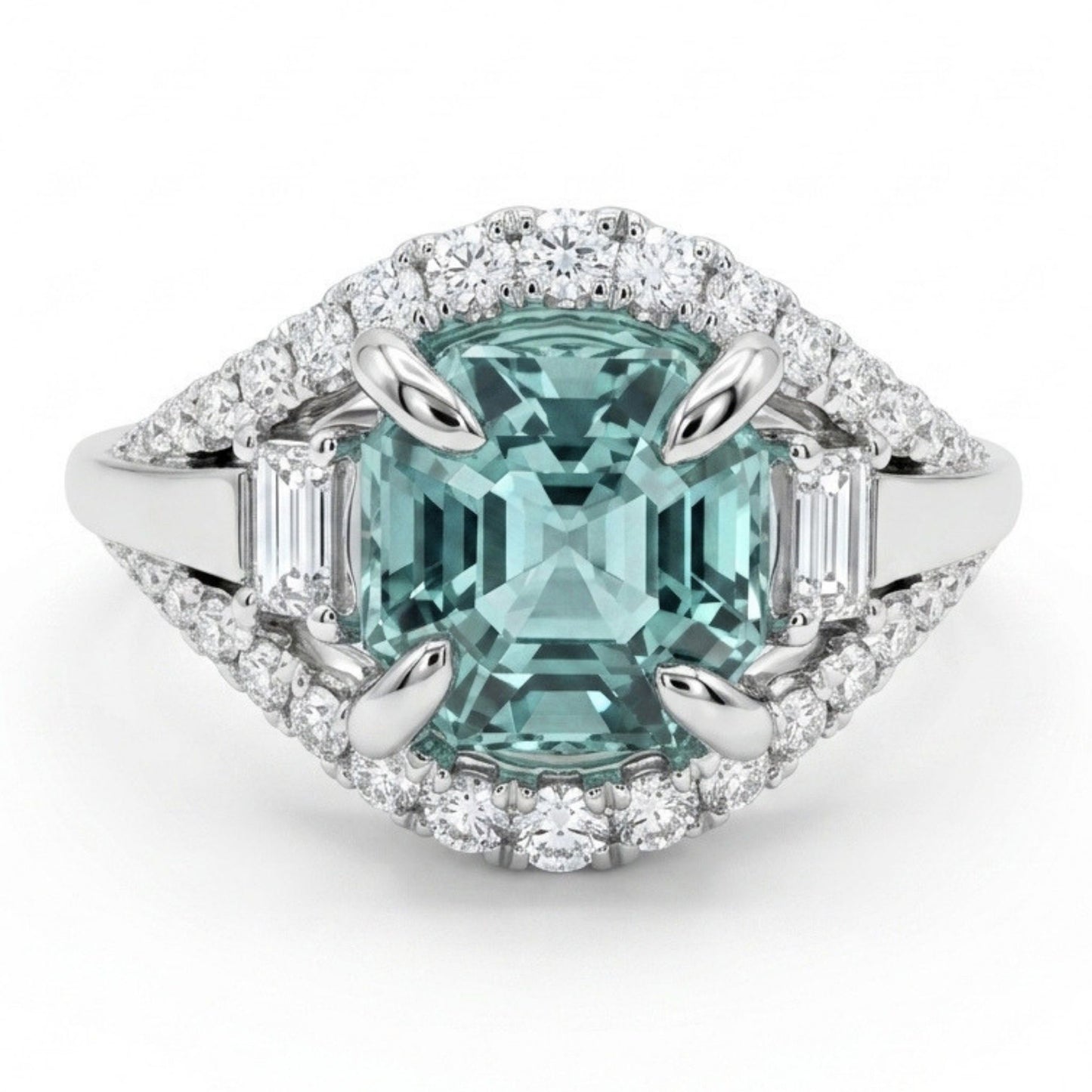 18K 1.53ct Asscher Cut Vanadium Beryl 0.46cttw White Diamonds Ring