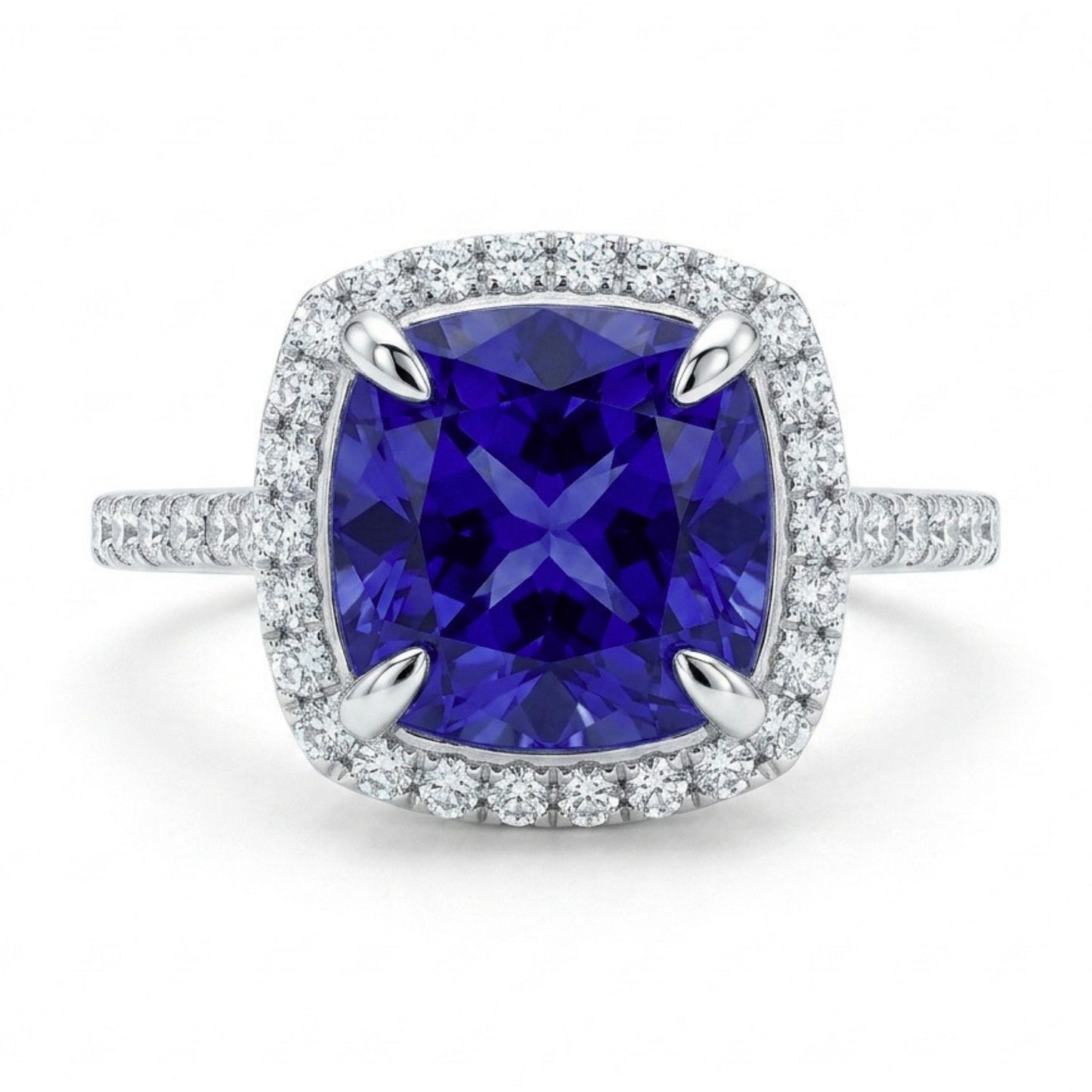 14K 3.30ct Cushion Blue Wing Tanzanite 0.42cttw VS White Diamonds Ring