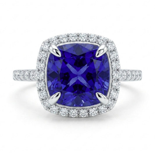 14K 3.30ct Cushion Blue Wing Tanzanite 0.42cttw VS White Diamonds Ring