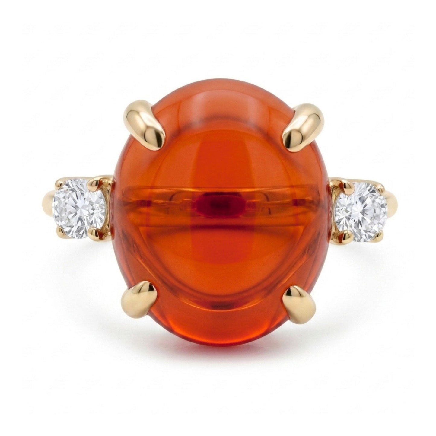 14K 3.20ct Oval Cabochon Fire Opal 0.15cttw VS White Diamonds Ring
