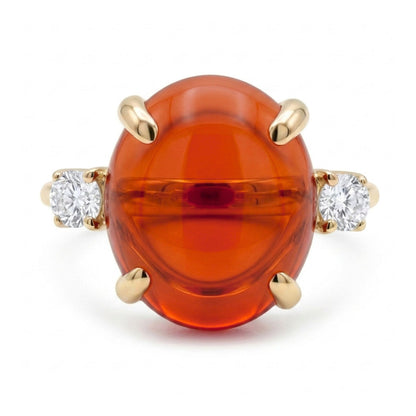 14K 3.20ct Oval Cabochon Fire Opal 0.15cttw VS White Diamonds Ring