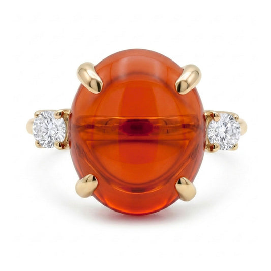 14K 3.20ct Oval Cabochon Fire Opal 0.15cttw VS White Diamonds Ring