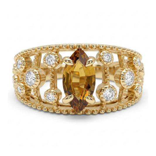 14K 0.71ct Marquise Unheated Orange Sapphire 0.21cttw VS White Diamonds Ring