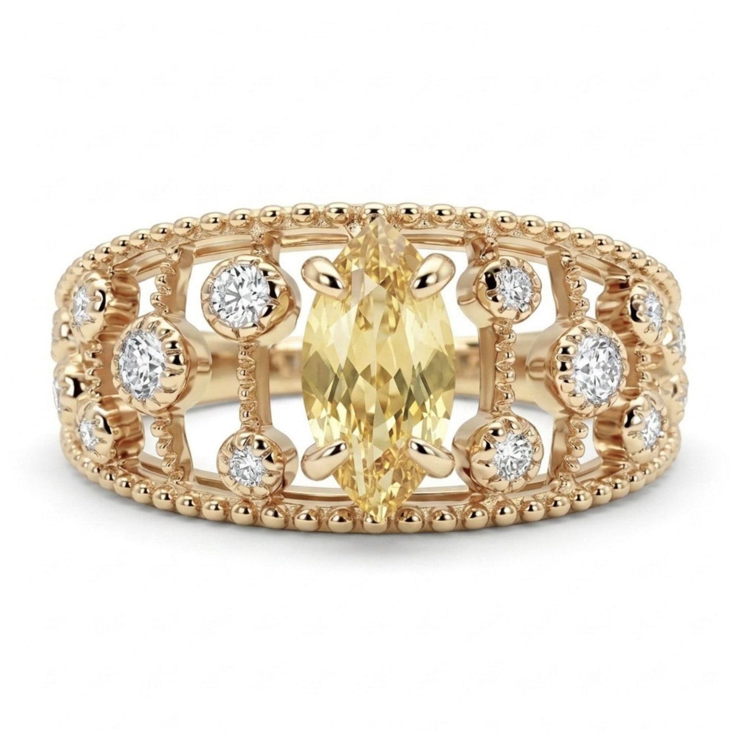 14K 0.88ct Marquise Unheated Yellow Sapphire 0.21cttw VS White Diamonds Ring