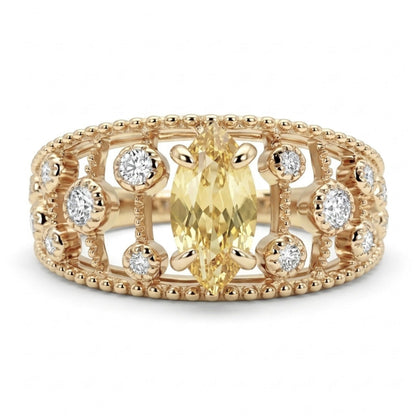 14K 0.88ct Marquise Unheated Yellow Sapphire 0.21cttw VS White Diamonds Ring