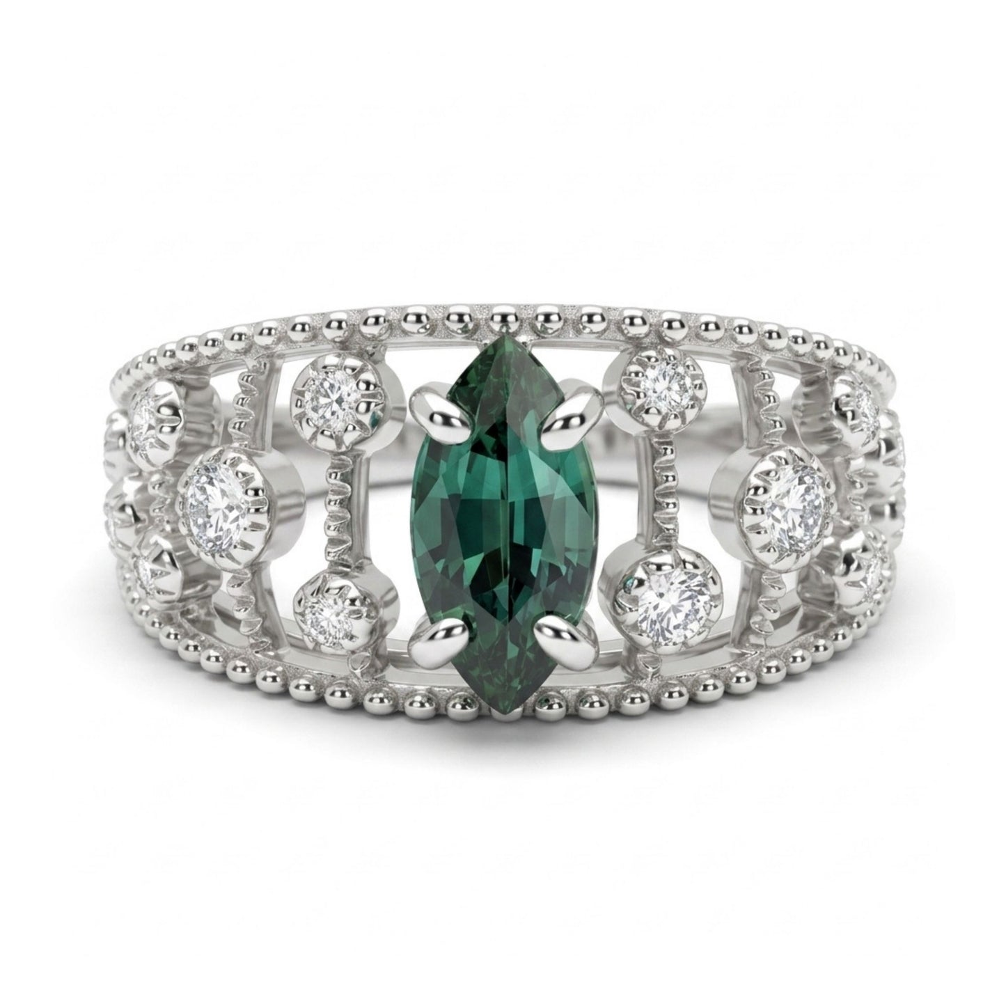 14K 0.80ct Marquise Unheated Green Sapphire 0.21cttw VS White Diamonds Ring