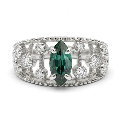 14K 0.80ct Marquise Unheated Green Sapphire 0.21cttw VS White Diamonds Ring