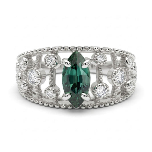 14K 0.80ct Marquise Unheated Green Sapphire 0.21cttw VS White Diamonds Ring