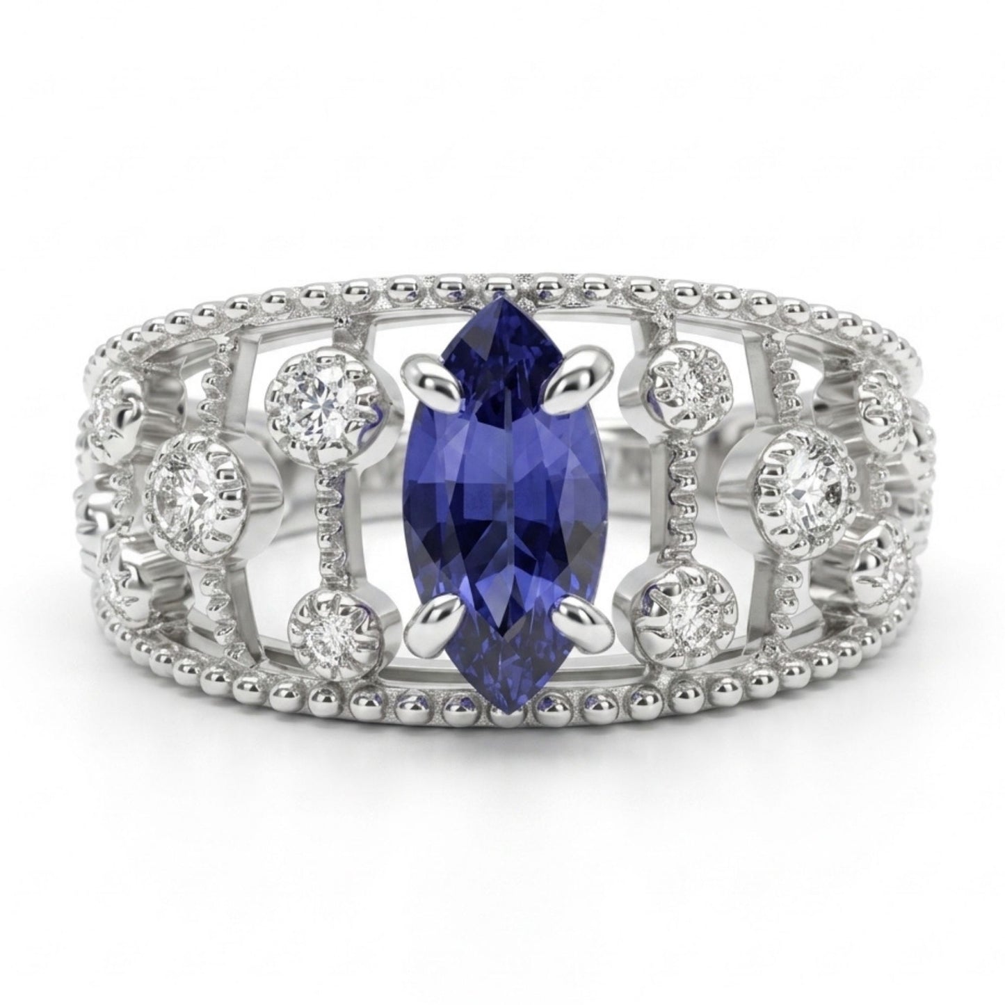 14K 0.77ct Marquise Unheated Blue Sapphire 0.21cttw VS White Diamonds Ring