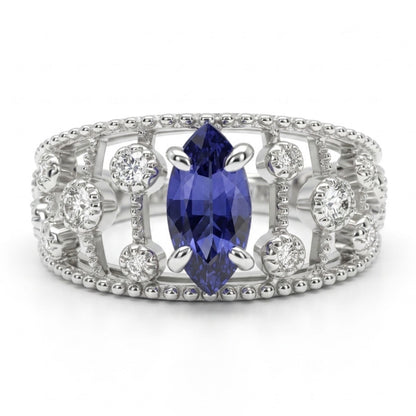 14K 0.77ct Marquise Unheated Blue Sapphire 0.21cttw VS White Diamonds Ring