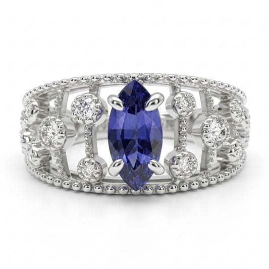14K 0.77ct Marquise Unheated Blue Sapphire 0.21cttw VS White Diamonds Ring