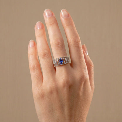 14K 0.77ct Marquise Unheated Blue Sapphire 0.21cttw VS White Diamonds Ring