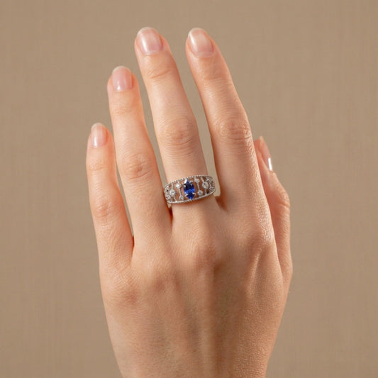 14K 0.77ct Marquise Unheated Blue Sapphire 0.21cttw VS White Diamonds Ring
